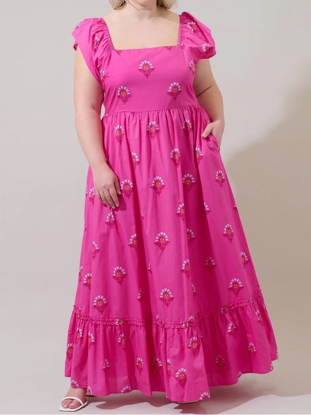Sugarlips Hot Pink Floral Maxi Dress with Square Neck